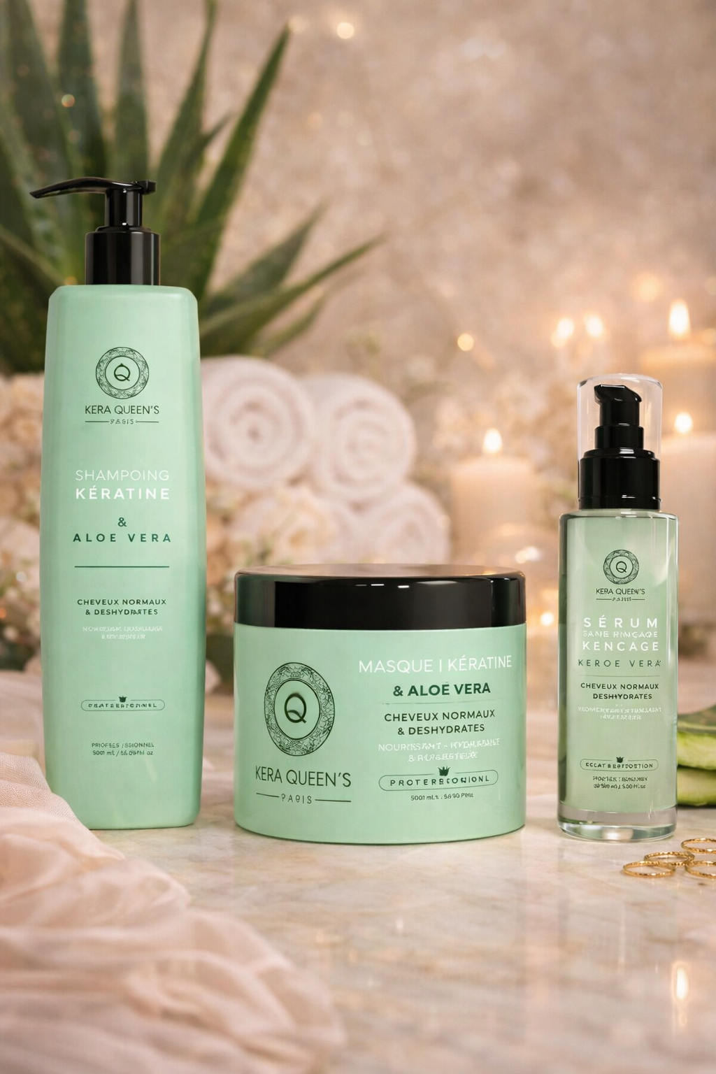 Kit Trio Rituel - Shampooing + Masque + Sérum - Kératine & Aloe Vera - L'expertise dédiée aux cheveux normaux ou déshydratés - Kera Queen’s Paris