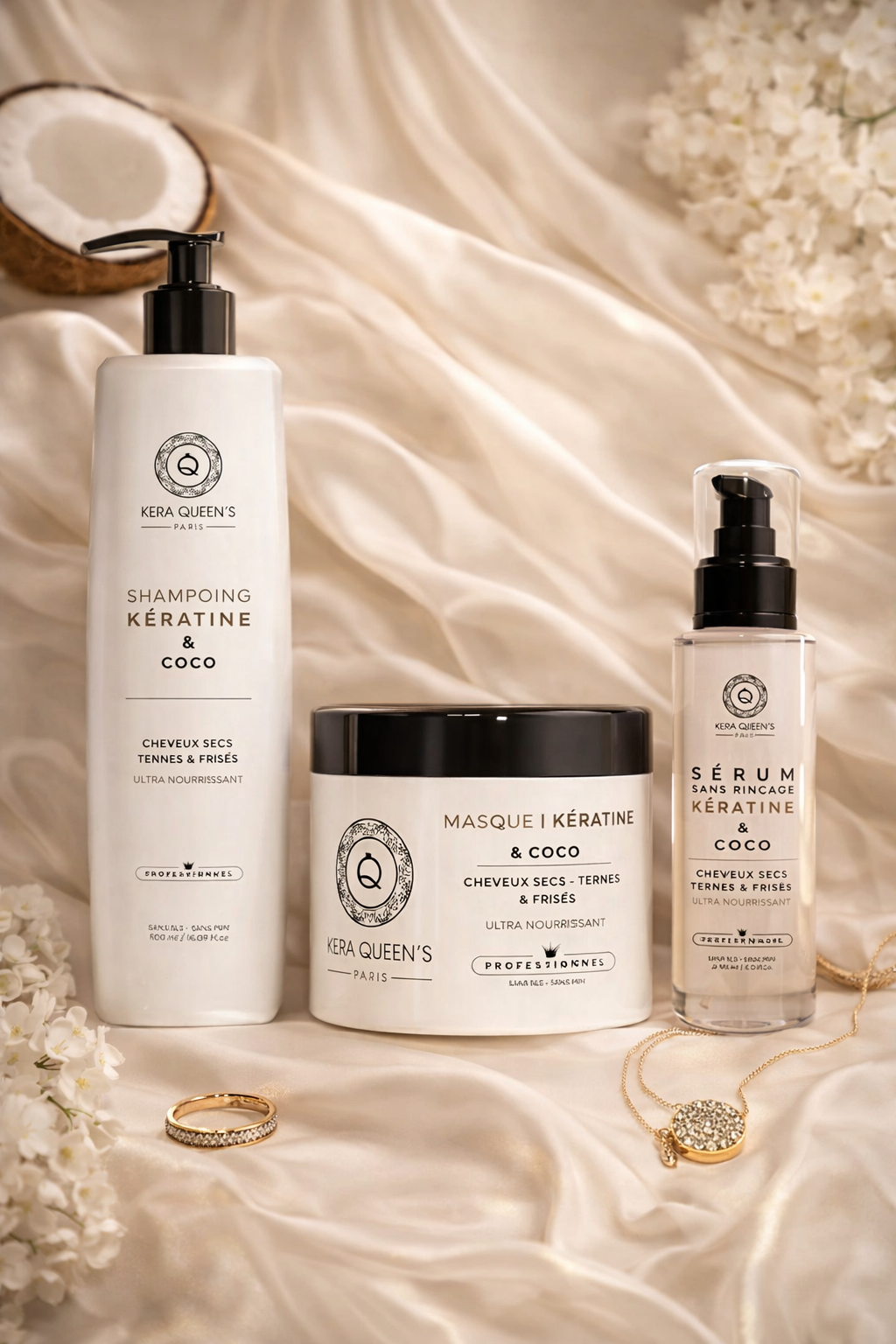 Kit Trio Rituel - Shampooing + Masque + Sérum - Kératine & Coco - L'expertise dédiée aux cheveux secs, termes ou frisés - Kera Queen’s Paris